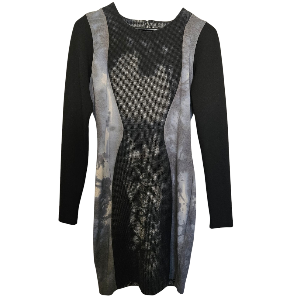 Black and Gray Long Sleeve Bodycon Dress with Abstract Pattern